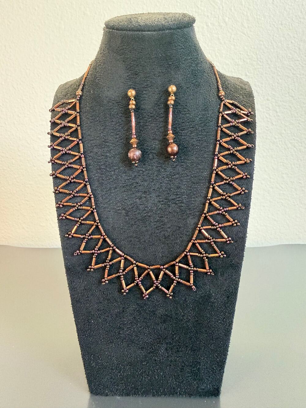 Vintage Bronze Beaded Choker Necklace and Earrings Set Netted Lattice Mesh